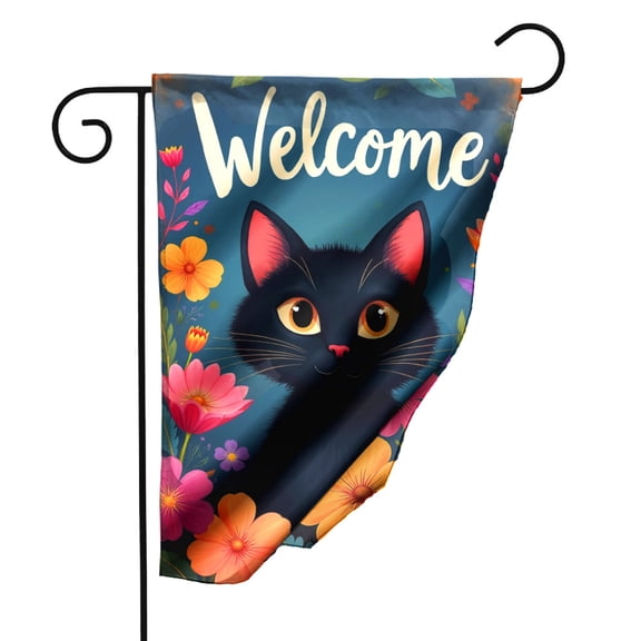 Welcome Black Cat Garden Flag with Colorful Flowers Double Sided Polyester Decorative Yard Flag for Outdoor Patio Lawn Decor 12.5x18 Inch Whimsical Spring Summer Pet Lover Housewarming Gift#28171