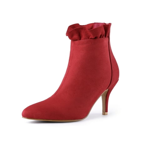- Women's Pointed Toe Stiletto Heel Ruffle Ankle Boots Red (Size 6)