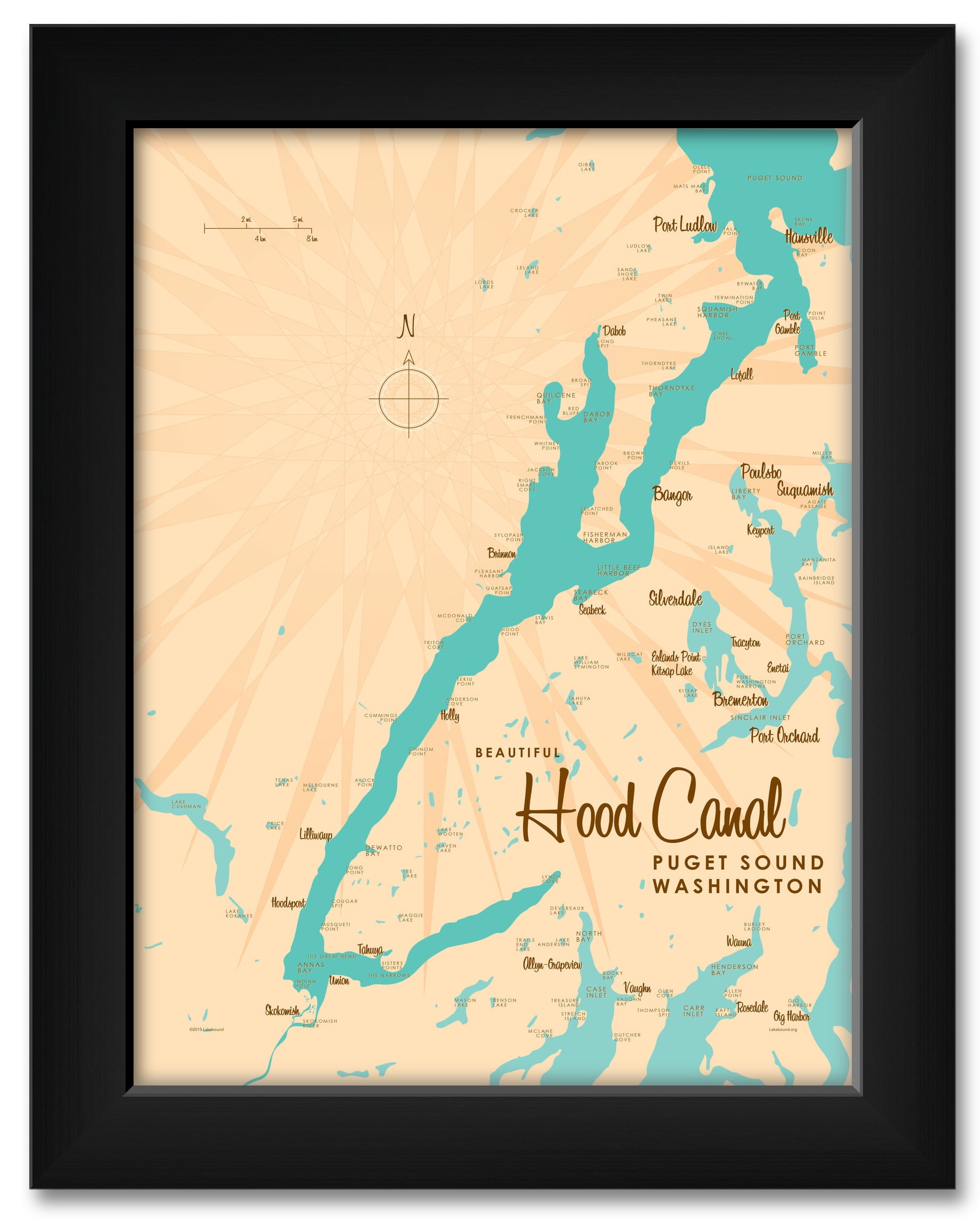 Hood Canal Washington Map Framed Art Print by Lakebound . Print Size 9
