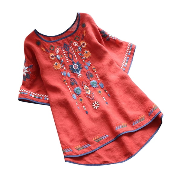 Shirts for Women National Style Retro Embroidery T Shirt Round Neck Cotton Loose Short Sleeved Casual Polyester Top L Size Spring Summer Womens Tops