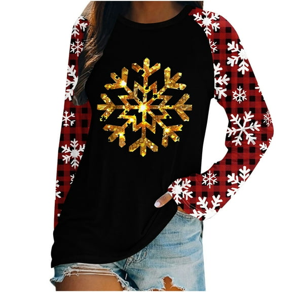 Enjoytime Winter Womens Long Sleeve Tops Casual Christmas Printed Basic Shirt Cute Pullover Loose Fit Basic Shirt Women Clothing