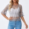 thumbnail image 2 of Yuanlong Women's Mesh Tshirts Round Neck Elbow-Length Sleeve Breathable Tees Solid Color Slim Fit Elegant Holiday Tee Tops, 2 of 4