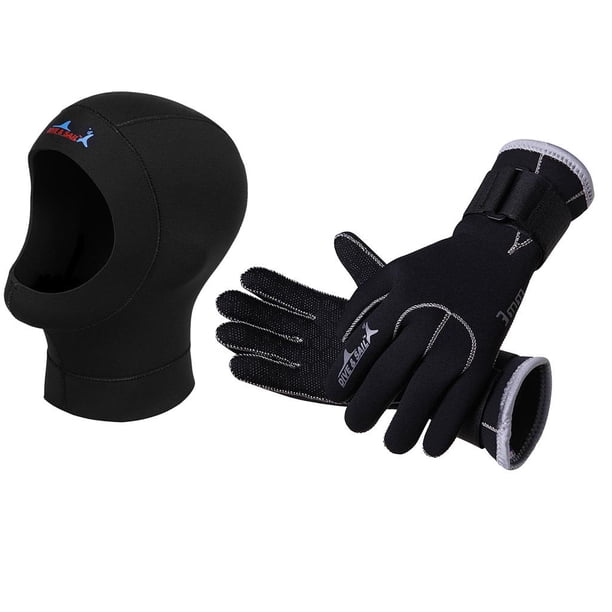 Guantes de Neopreno Premium de 3 Mm con Cinco Dedos + Trajes de Neopreno Esnórquel Premium Gorra de Surf de 3 Mm Capucha de Neopreno para Buceo en Agu SG Soledad Guantes de capucha de buceo