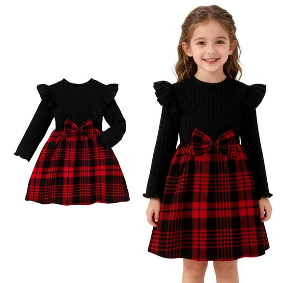 Girl Christmas Dress Long Sleeve Girl Plaid Dress Tutu Dress with Bow Toddler Thanksgiving Outfit Girl 2-3 Years