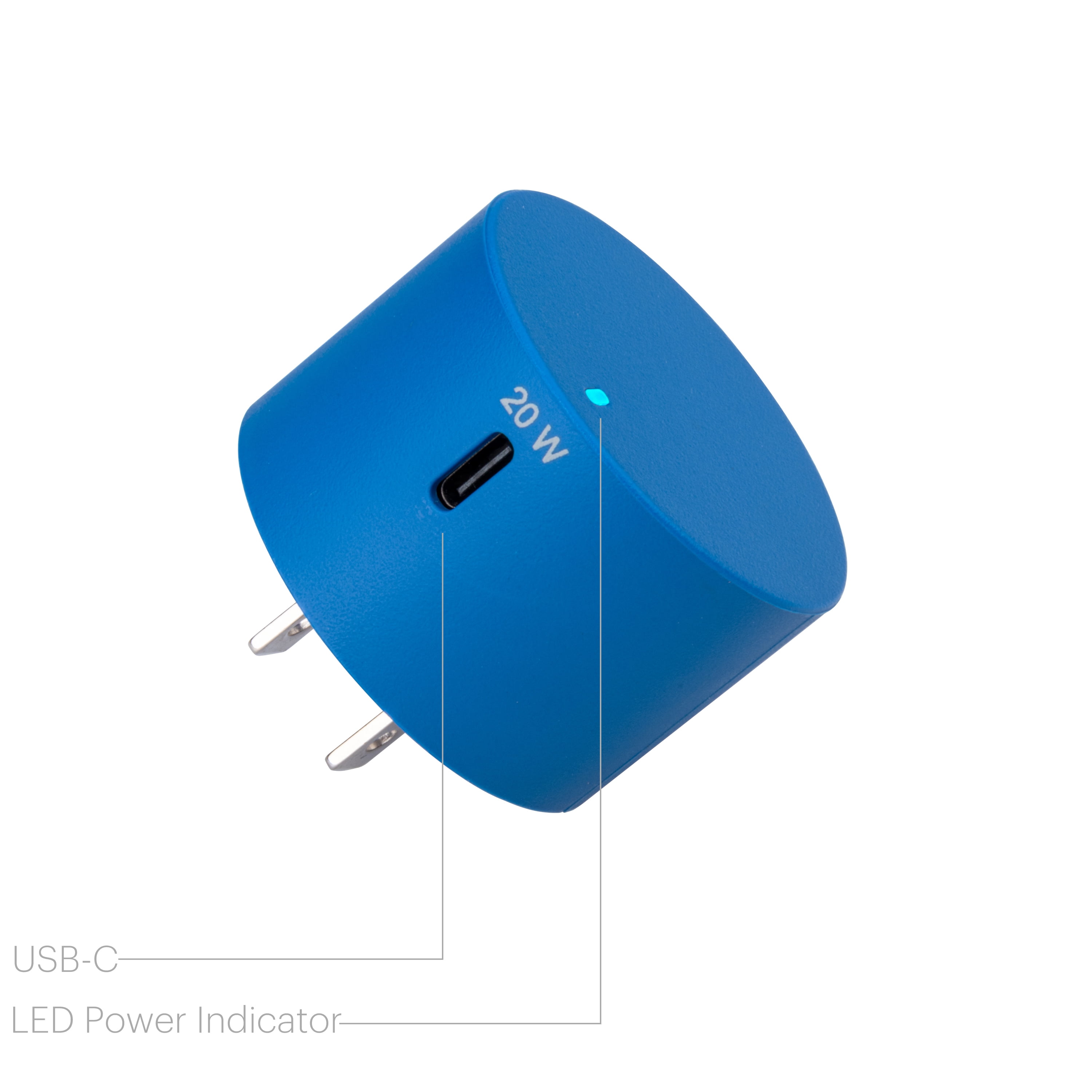 onn. 20W USB-C Wall Charger with Power Delivery, Blue, for iPhone models (13/12/11/SE/XS/XR/8 series), Samsung, Sony, and LG smartphone models, foldable plug for on the go.