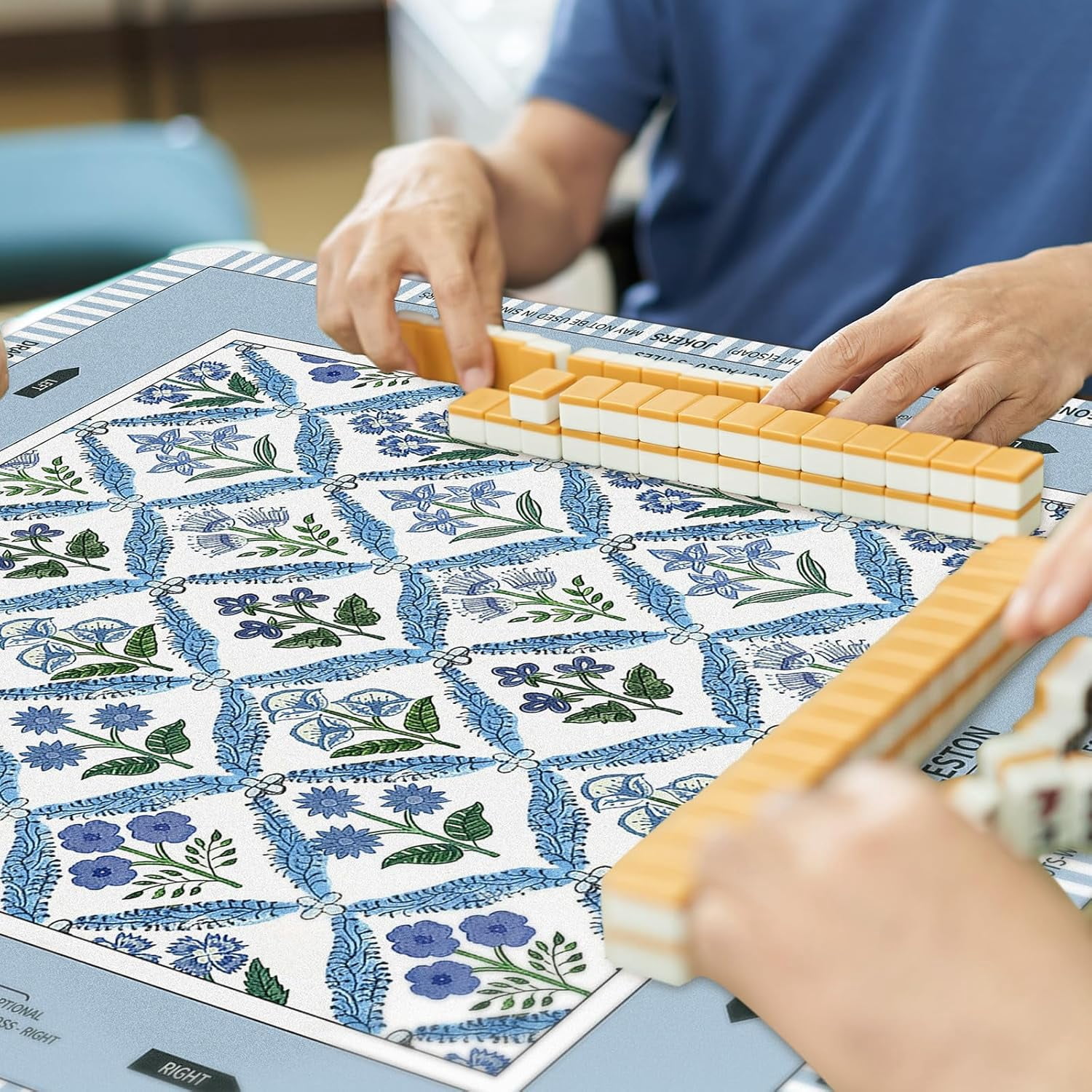 Tegeme Chinoiserie Mahjong Mat 31.5" x 31.5" Blue Purple Flower Mat Anti Slip and Noise Reduction Multi Purpose Game Table Cover Non-Slip Noise Reduction Gaming Rug for Mahjong Card Board Tile Games