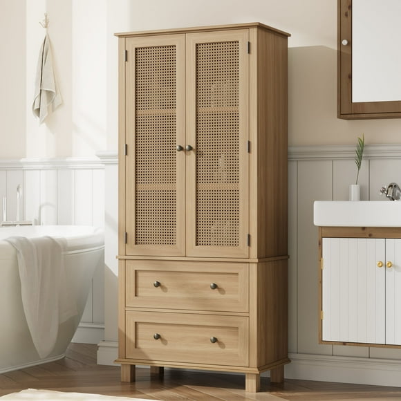 Homfa Armoire de Salle de Bain avec Portes en Rotin, Armoire de Rangement en Rotin avec 2 Tiroirs, Chêne