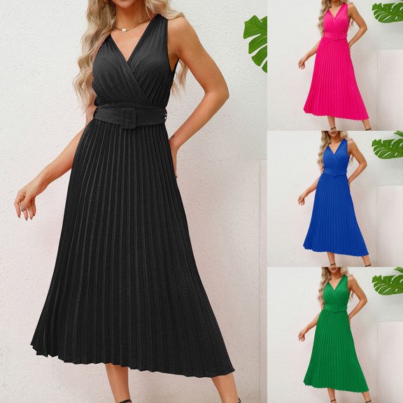 ClodeEU Women's Halter Neck Pleated Sleeveless Midi Dress with Belted , Casual Party Cocktail Dress Black,Womens Plus L
