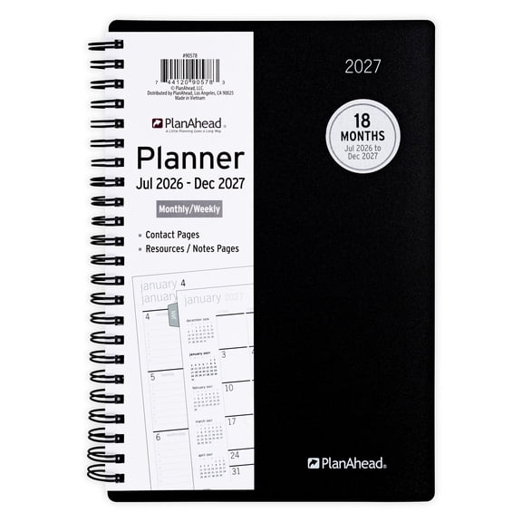 PlanAhead Medium Home Office Monthly Weekly Planner, 5.75" x 8", Black, 18 Months (Jul 2026- Dec 2027)