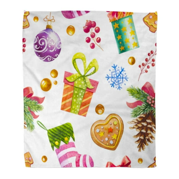 JSDART Flannel Throw Blanket Green Vintage Christmas Watercolor Red Berry Boll Branch Candy Celebration 58x80 Inch Lightweight Cozy Plush Fluffy Warm Fuzzy Soft