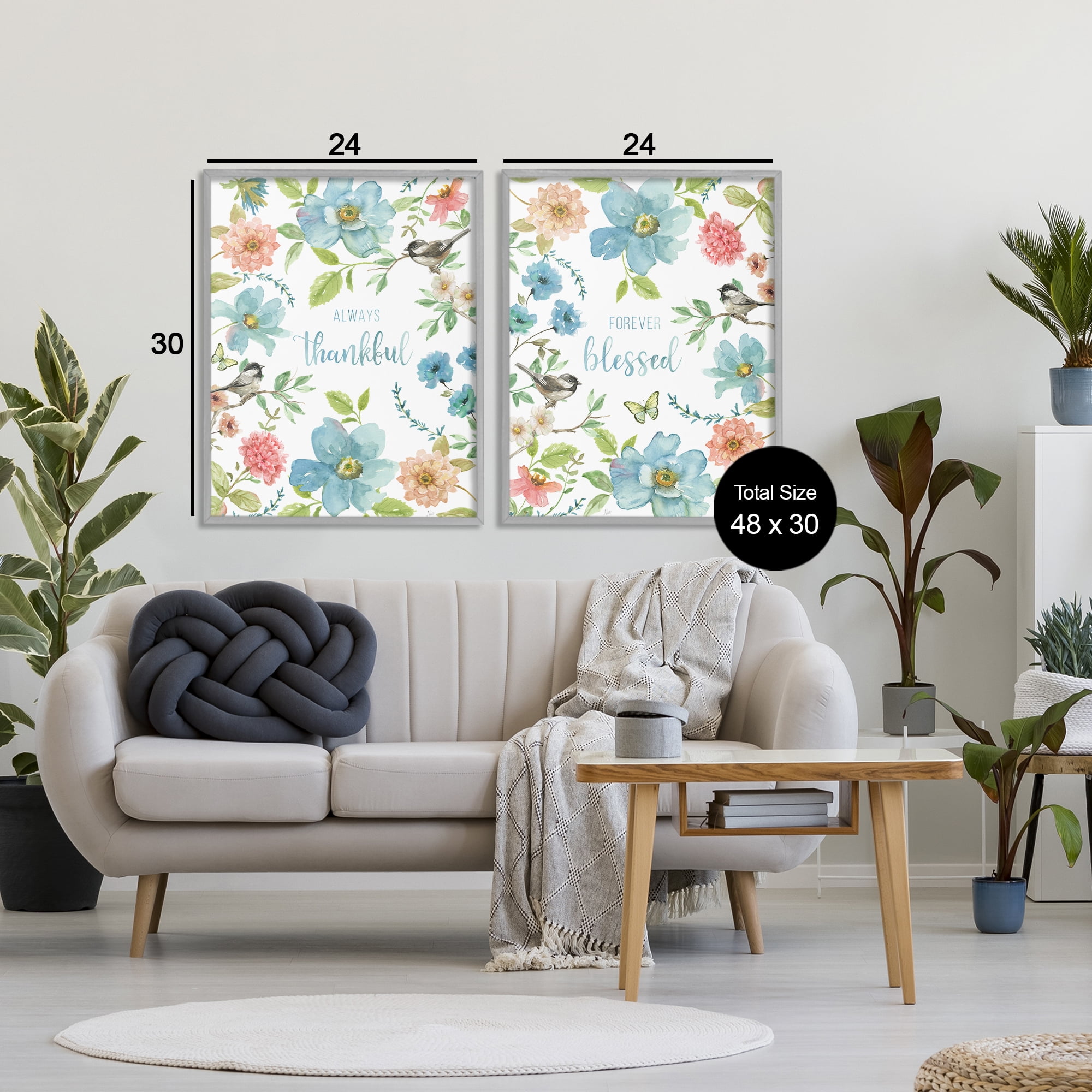 Stupell Industries Pink & Blue Gratitude Blooms 2 Piece Gray Framed Giclee Art Set, design by Nan