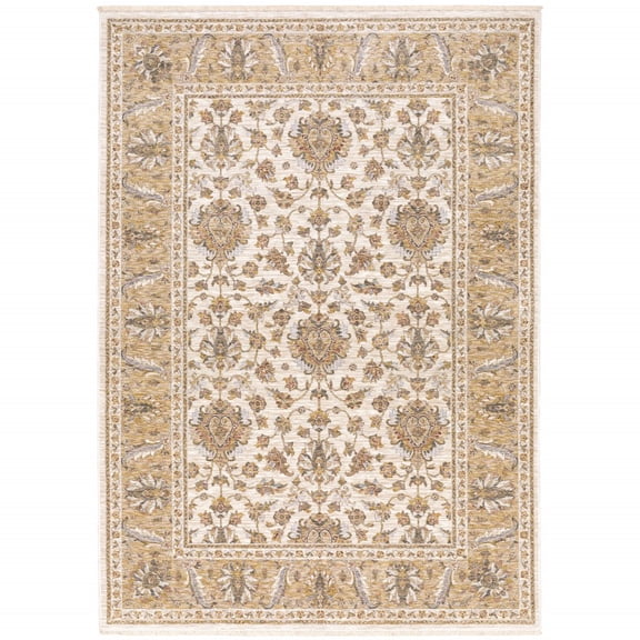 3' X 5' Ivory And Gold Oriental Power Loom Stain Resistant Area Rug With Fringe
