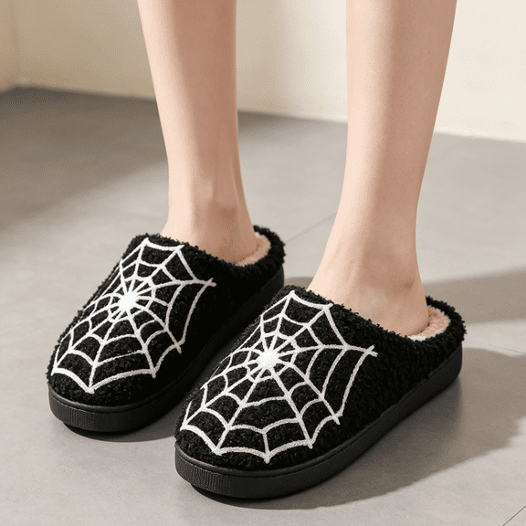 Women Mens Spider Web Closed Toe Mule Slippers Fluffy Teddy Plush Warm Indoor House Footwear