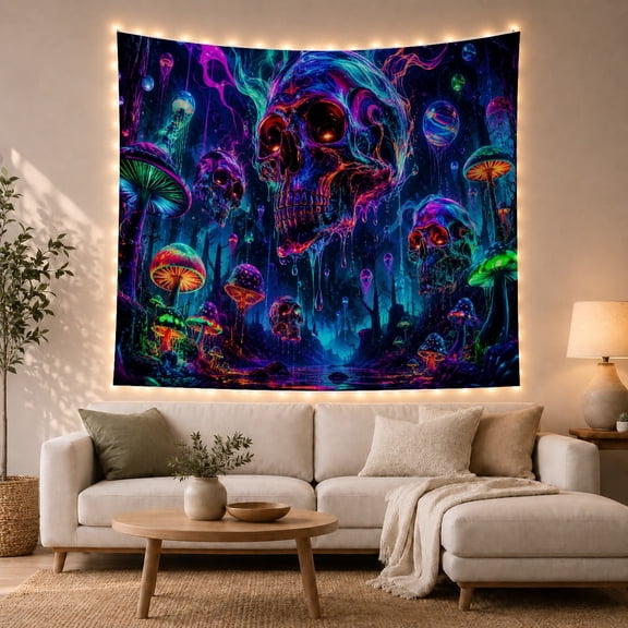 Large Glowing Skull in a Neon Fantasy Forest, Eerie Psychedelic Art for Dark Art Lovers, Skull Forest Decor, Halloween Gift, Tapestry Wall Hanging for Bedroom, Gaming Room and Dorm