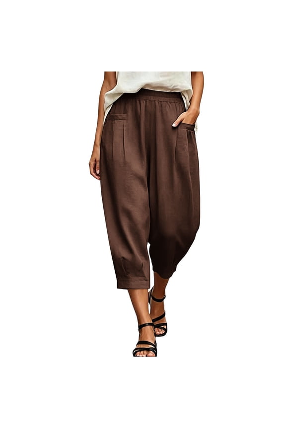 Capri Harem Pants for Women Fashion Pleated Elastic Waist Baggy Cropped Trousers Wide Leg Clothes with Pockets