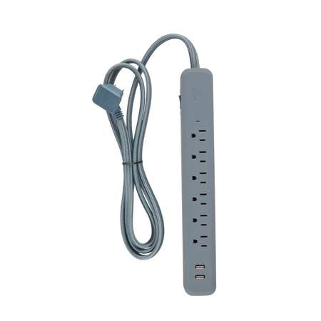 Globe Electric Designer 6 ft. 2 USB Port (3.1 Amp) 6-Outlet Surge Protector Power Strip with Fabric Cord and Right-Angle Plug - Blue and Gray  78504