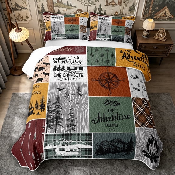 Manfei Jungle Deer Bear Twin Quilt Set 2 Pieces,Camping Car Twin Coverlet Set,Brown Black,1 Bedspread and 1 Pillowcase