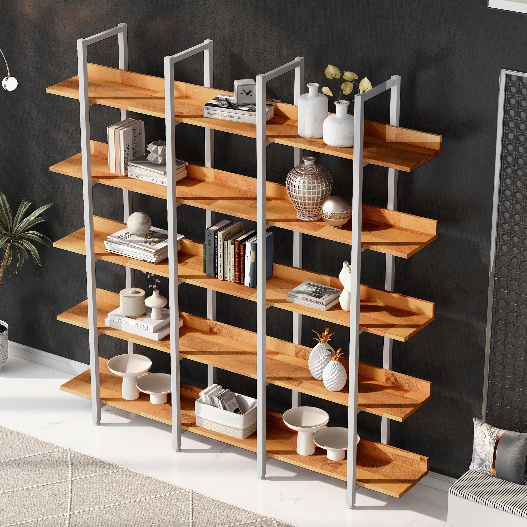 PORKISS 5 Tier Bookcase, Wood & Steel Open Bookshelf with Metal Frame, Square Vintage Industrial Style Tall Bookshelf, Modern Freestanding Etagere Bookcase for Home Office, Brown/White