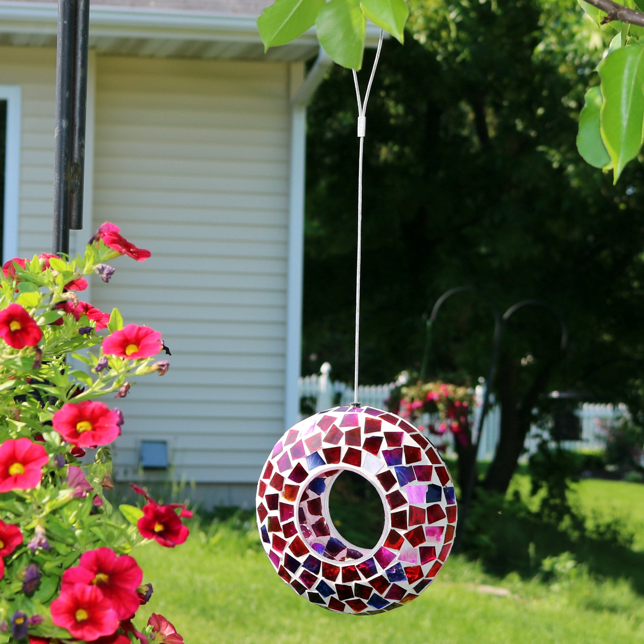 Sunnydaze Outdoor Garden Patio Round Glass with Mosaic Design Hanging Fly-Through Bird Feeder - 6" - Crimson