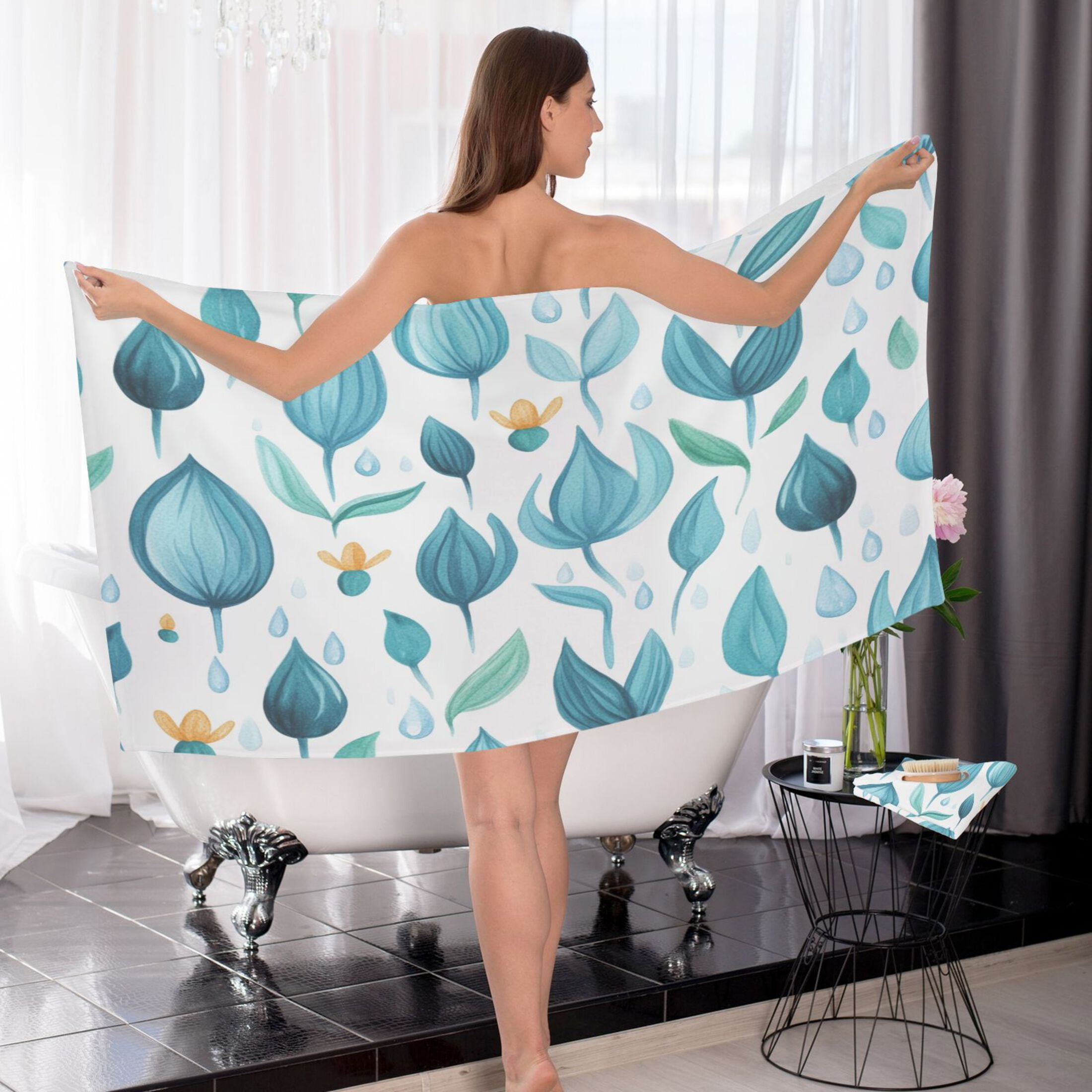 Teal Leaf Design 2 Piece Cotton Bath and Face Towel Set Soft and Absorbent, for Beach Pool Bathroom