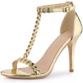 thumbnail image 1 of BLISSFUL STEP T Strap Rhinestone Ankle Strap Stiletto Heels Sandals for Women Gold 6 M US, 1 of 6