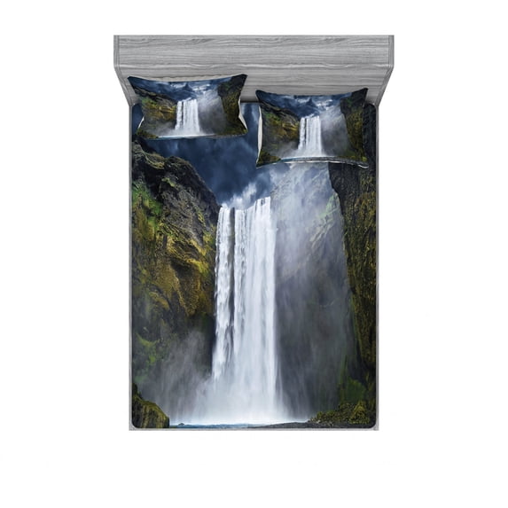 Waterfall Bedding Set with Sheet & Covers, Waterfall and Grand Cliffs in Northern America Force of Nature Art Print, Printed Bedroom Decor 2 Shams, 4 Sizes, Green Blue White, by Ambesonne
