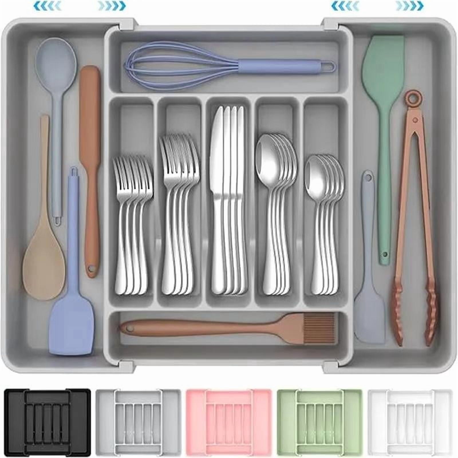 Expandable Silverware Organizer, BPA-Free Food-Safe Cutlery Flatware Organizer, Kitchen Utensil Drawer Organizer, Adjustable Holder for Spoons Forks Knives, Gray