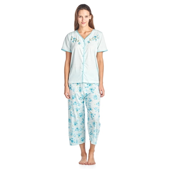 Women's Short Sleeve Floral Satin Lace Capri Pajama Set