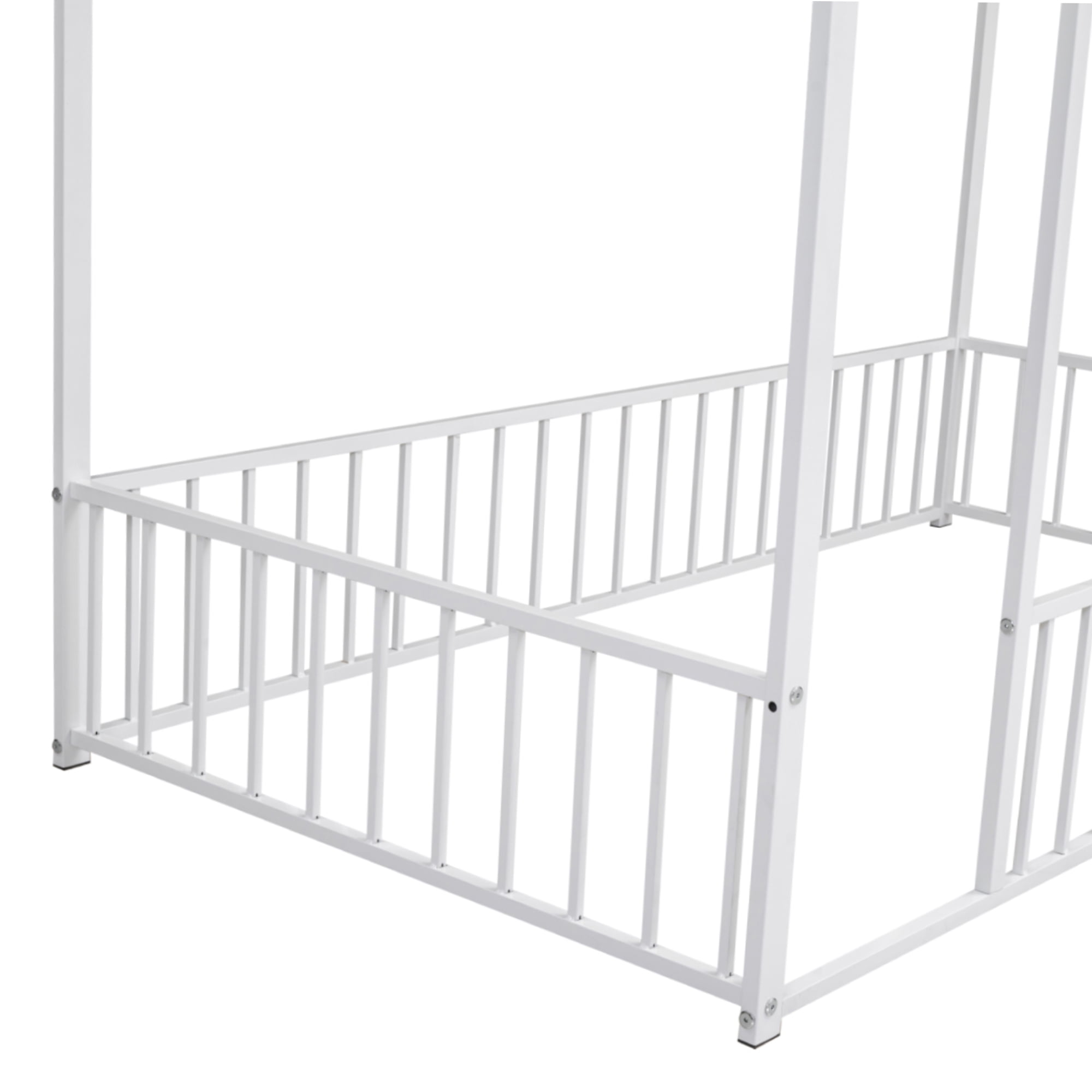 Harper & Bright Designs Metal Twin Size Floor Bed, House Bed Frame Montessori Beds with Fence Rails, Playhouse Beds for Girls Boys, White