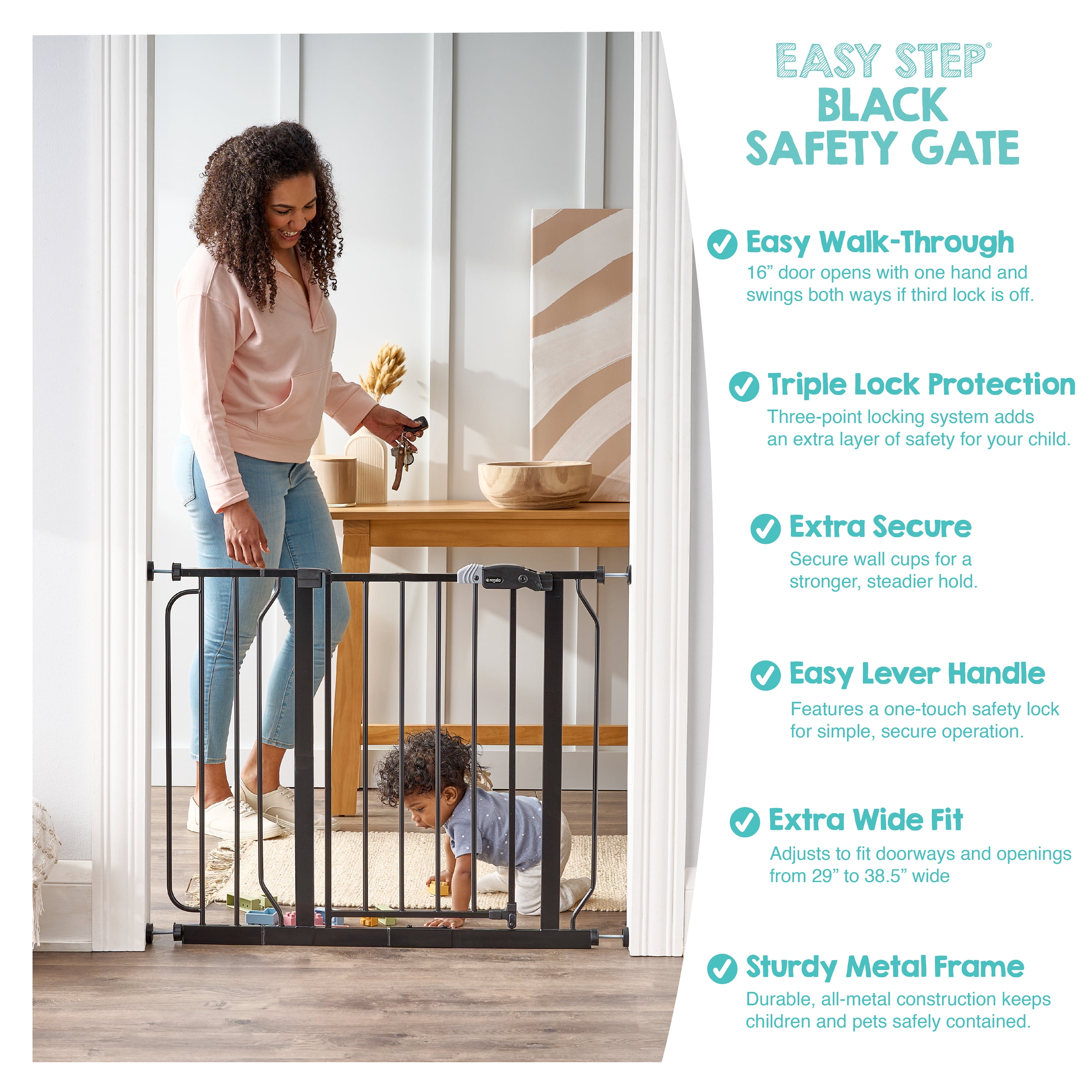 Regalo Easy Step 38.5-Inch Wide Walk Thru Baby Gate, Black, Metal