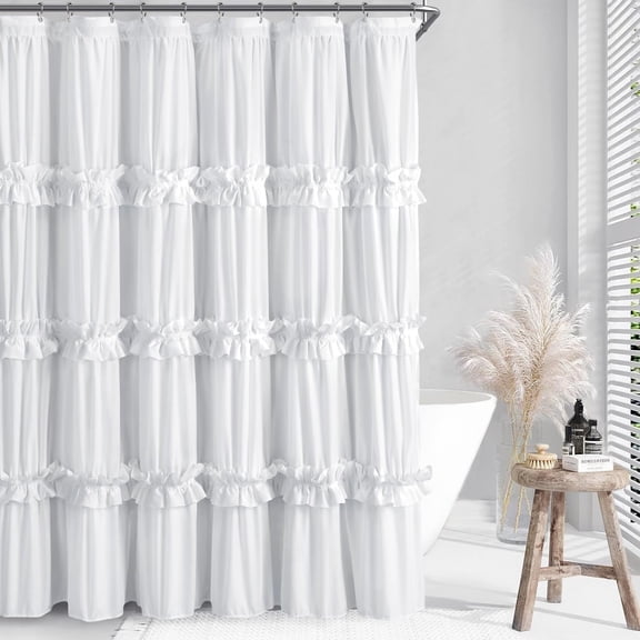 Psoiuetr Ruffle Vintage Shower Curtain Boho Farmhouse Shower Curtain for Bathroom White 72" L x 72" W