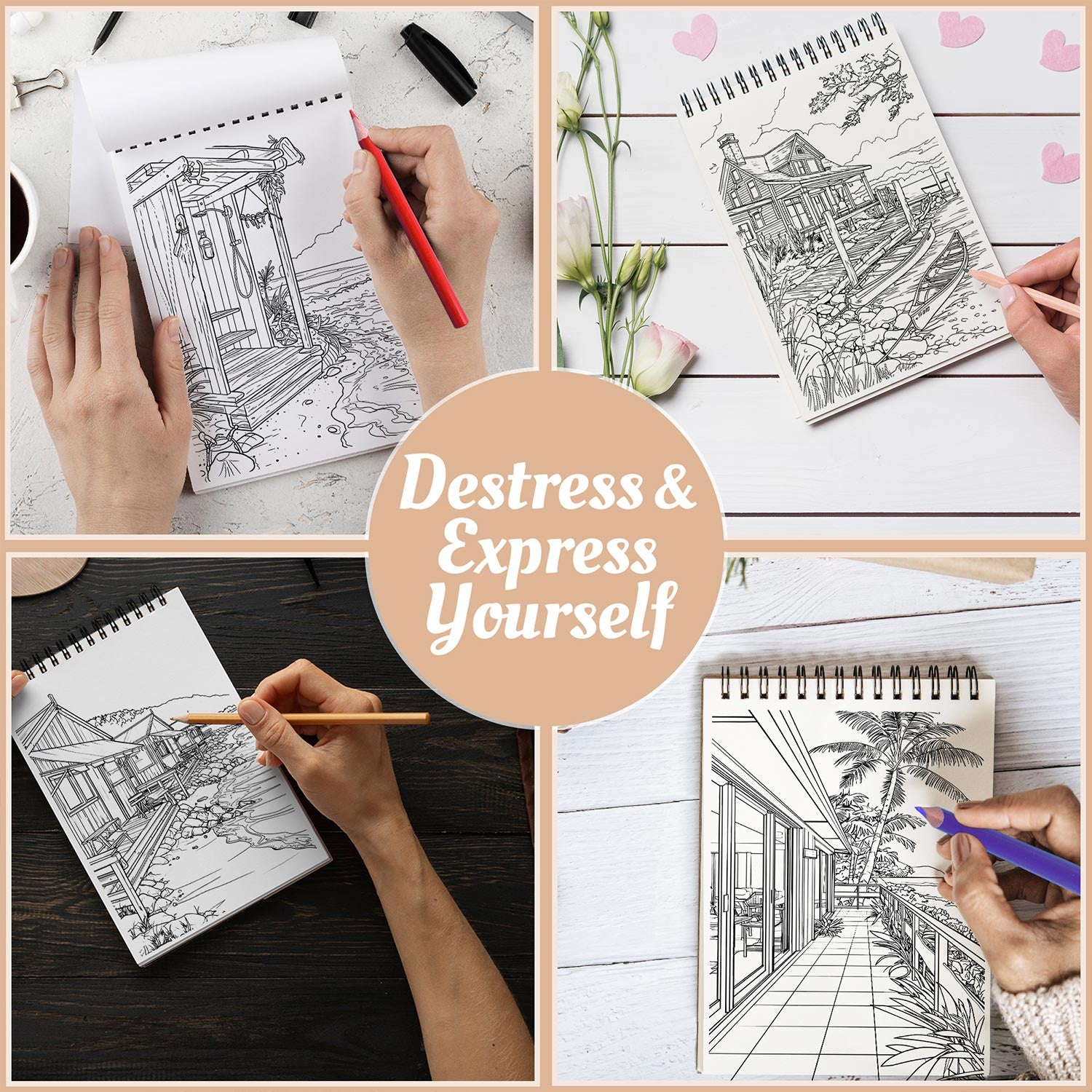 Netecom Seashore Scenes Coloring Book Spiral Bound for Adults, A5 Wooden Cover, 30 Charming Coloring Pages of Sea Landscapes for Stress Relief and Relaxation