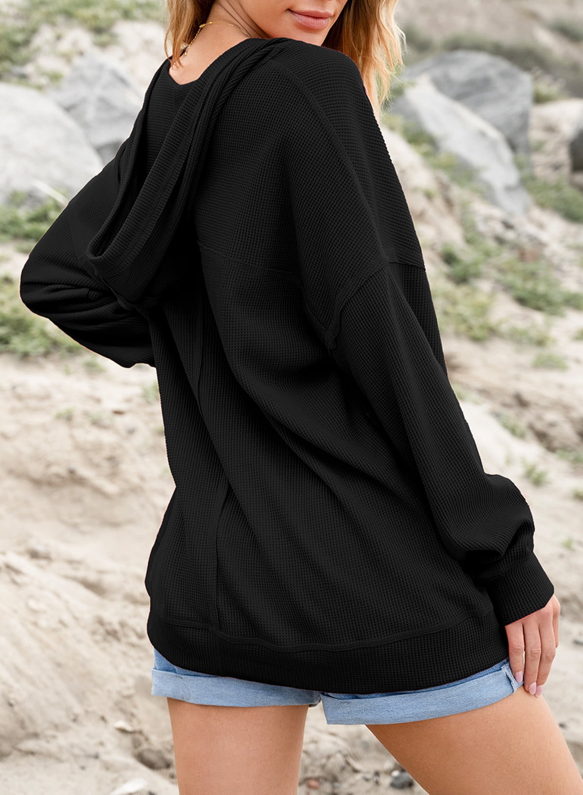 DOKOTOO Womens Hoodies Oversized Fall Casual Waffle Hooded Sweatshirt Long Sleeve V Neck Drawstring Knit Tops S-2XL