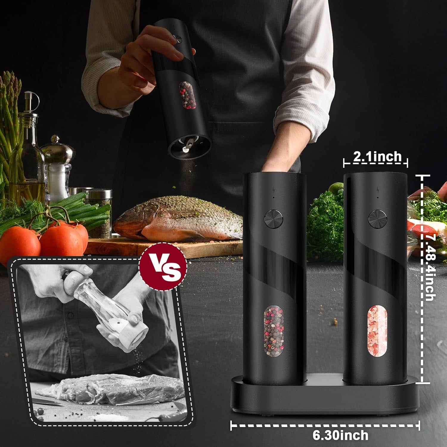BN-LINK 2Pack Electric Pepper and Salt Grinder Set, Rechargeable Salt and Pepper Mill with LED Light, Charging Base & Adjustable Coarseness, One Hand Automatic Operation, for Kitchen, Outdoor, Black