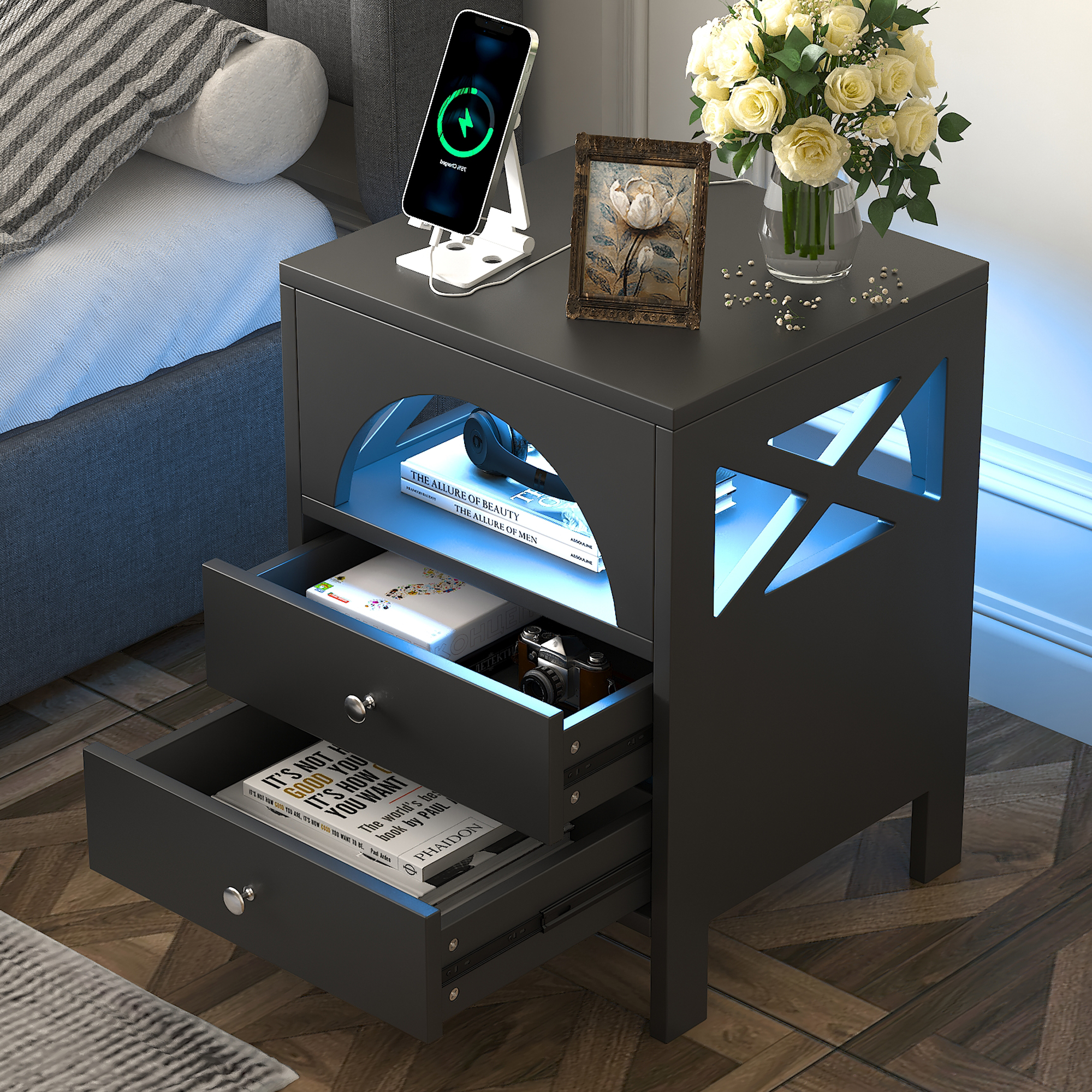 HSUNNS LED Nightstand with USB Charging Ports, 2 Drawers and Shelf