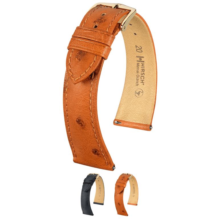 Hirsch Massai Ostrich Leather Watch Strap - Golden Brown - L - 20mm / 16mm - Shi