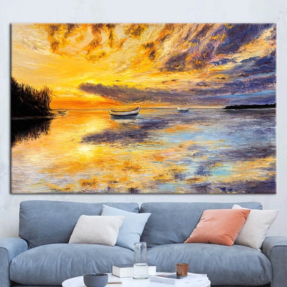 View Poster, Sea View Art, Oil Painting Print, Abstract Seascape Painting, Sunset Landscape Canvas Art, Boat Wall Decor, Canvas Wall Decor - Rolled Canvas
