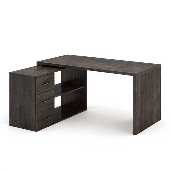 Top True Wood Reversible L-Shaped Corner Desk with Drawers and Shelves for Home Office