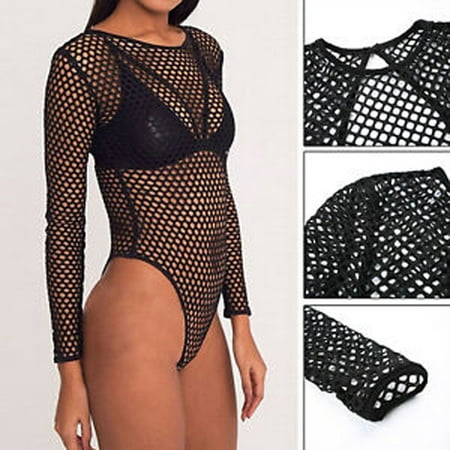 Sexy Women Mesh Fish Net Slim Bodysuit Leotard Top Long Sleeve Playsuit Jumpsuit Size S