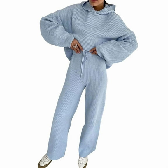 Women'S Two Piece Outfits Casual Knit Hooded Sweater Straight Leg Pants Set Fall Lounge Travel Clothes Blue S