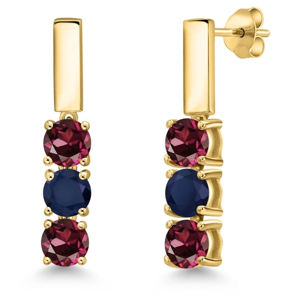 Gem Stone King 18K Yellow Gold Plated Silver Red Rhodolite Garnet and Blue Sapphire Drop Dangle Earrings for Women | 1.80 Cttw | Gemstone January Birthstone | Round 5MM