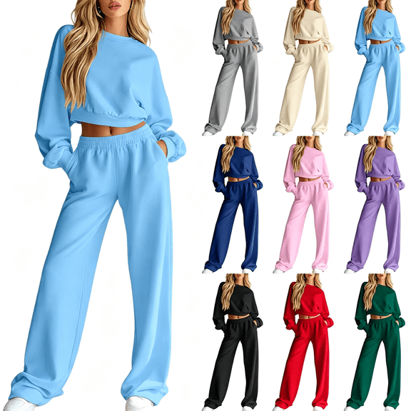 Zynoxe Womens Two Piece Lounge Sets Casual Crew Neck Long Sleeve Cropped Tops and Elastic Waist Wide Leg Pants Matching Sweatsuit for Daily Wear