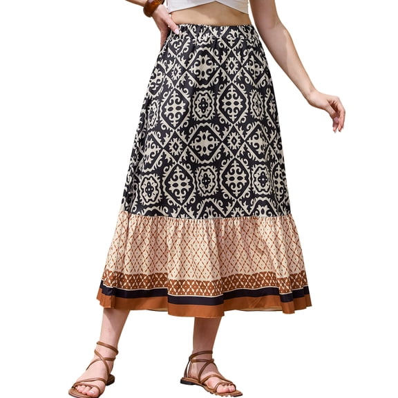 DARING DIVA Women's Summer Beach Graphic Midi Western Skirts Small Black