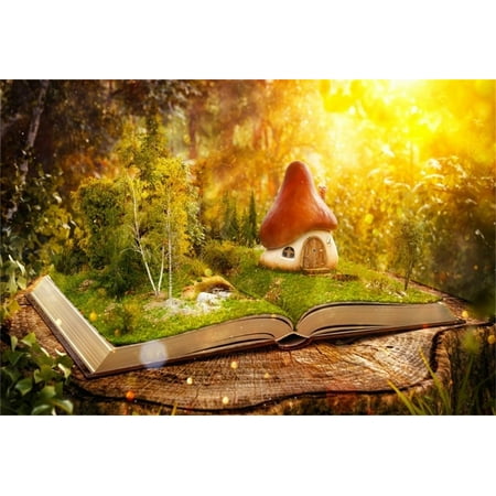 Sunbeam Girl GreenDecor Polyster 7x5ft Magic Forest Backdrop Dreamy Mushroom Cabin Photography Background Vintage Book Sunbeam Fairy Tale Kid Girl Artistic Portrait Photo Shoot Studio Props Video Drop Drape ()