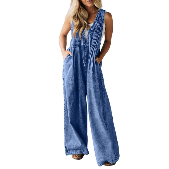 Umfun Women's Vintage Wash Sleeveless Denim Jumpsuit with Drawstring Waist - Loose Fit Wide Leg Overalls for Beach Holiday & Daily Outings