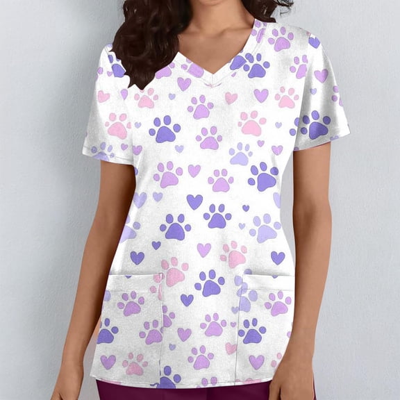Uootdi Womens Tops V Neck Cute Print Short Sleeve Shirts Medical Work Spring Shifts Scrubs Tops Blouses Clothes Gift