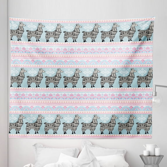 Llama Tapestry, Horizontal Borders Patterned Alpaca Animal and Folkloric Ornaments, Fabric Wall Hanging Decor for Bedroom Living Room Dorm, 5 Sizes, Multicolor, by Ambesonne