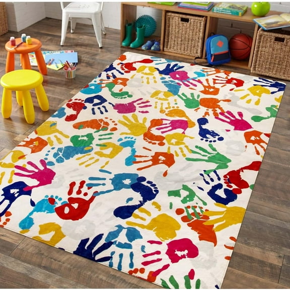 Handprints and Footprints Large Kids Rug 5'x7', Washable Colorful Area Rug for Nursery Room, Non-Slip Play Mat Ultra Soft Indoor Carpet for Bedroom Playroom Classroom