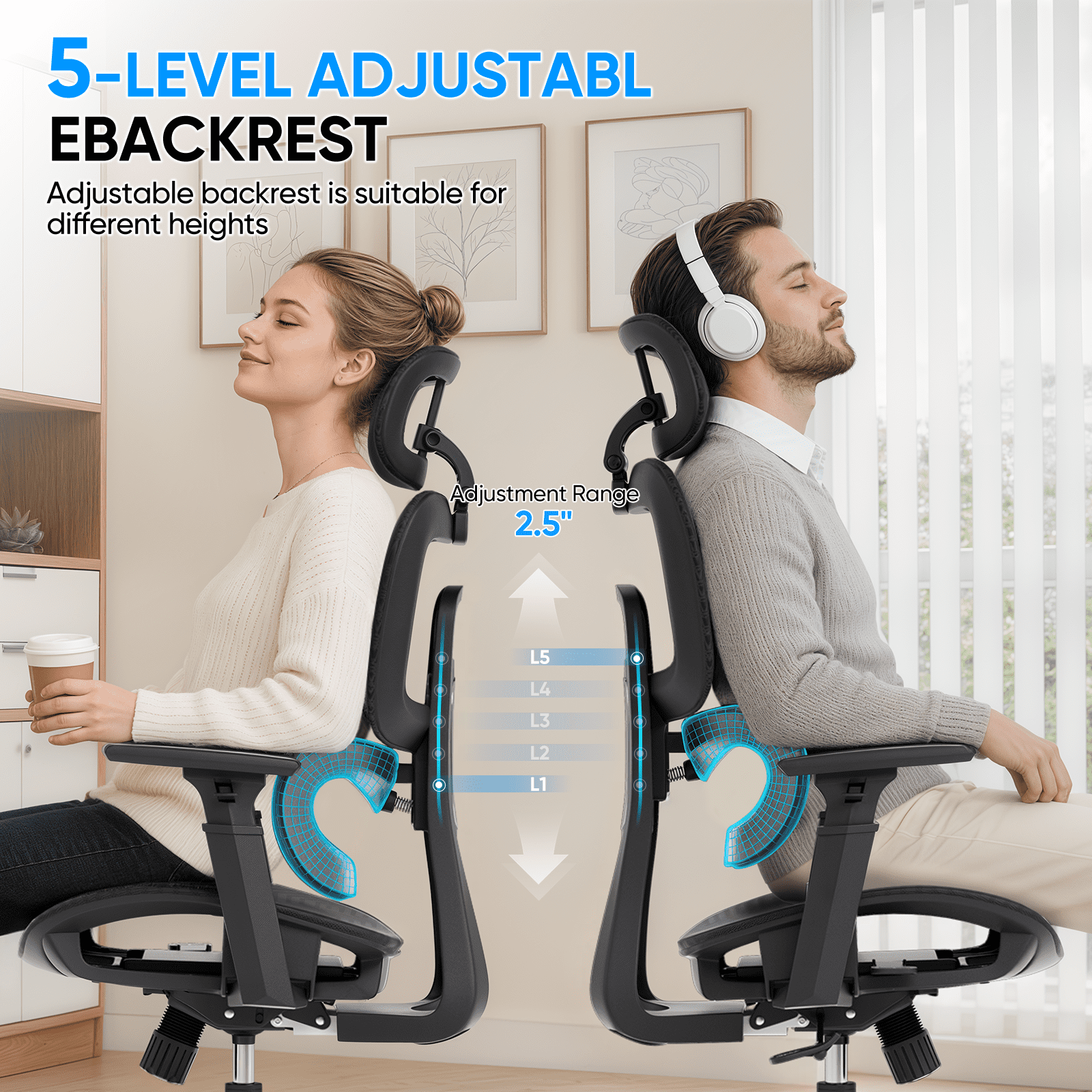 Monibloom Ergonomic Office Chair with Adjustable Lumbar Support, 3D Armrests, Reclining High Back Desk Chair for Home Office
