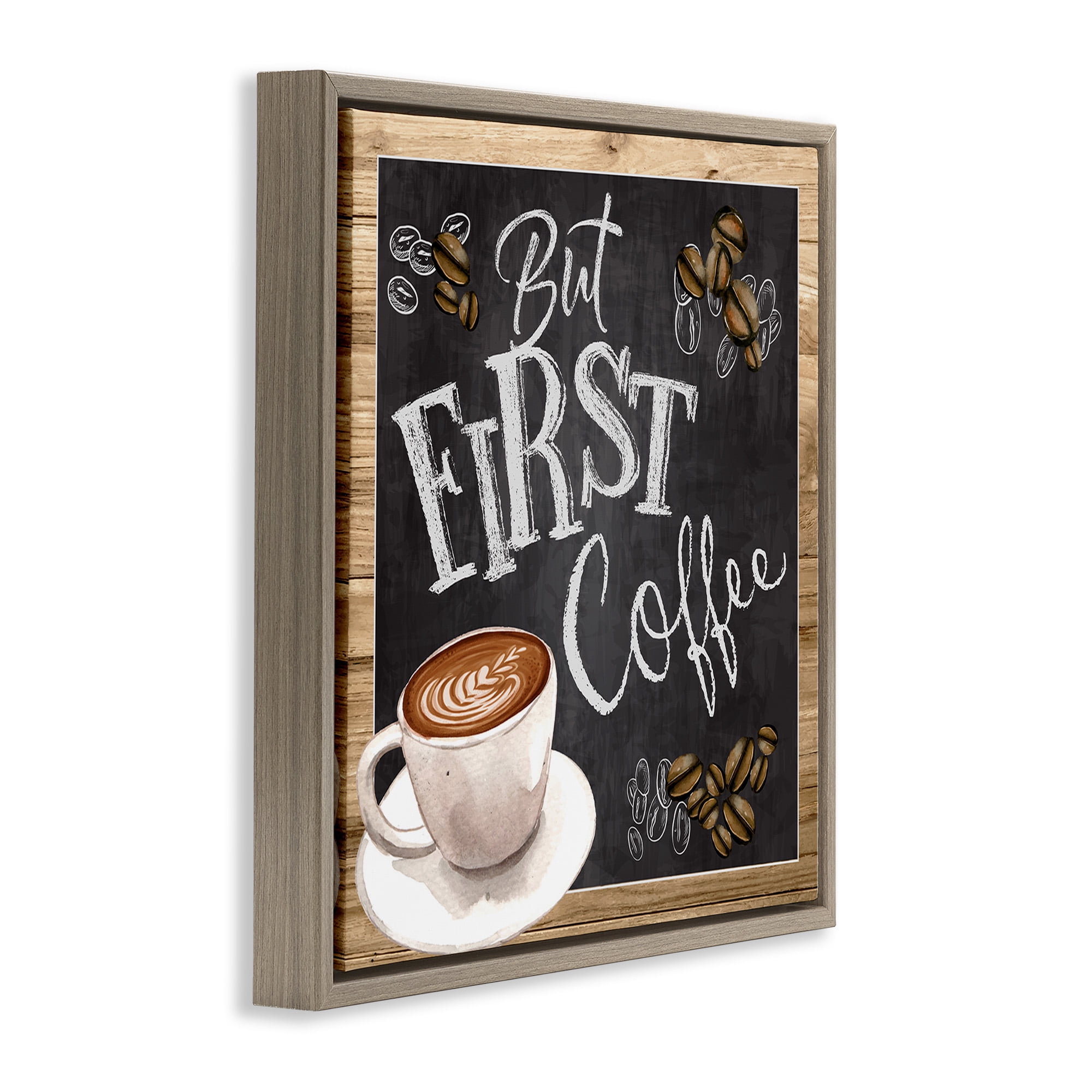 Stupell Industries But First Coffee Chalkboard Food & Beverage Painting Brown Floater Framed Canvas Art Print Wall Art, 25 x 25